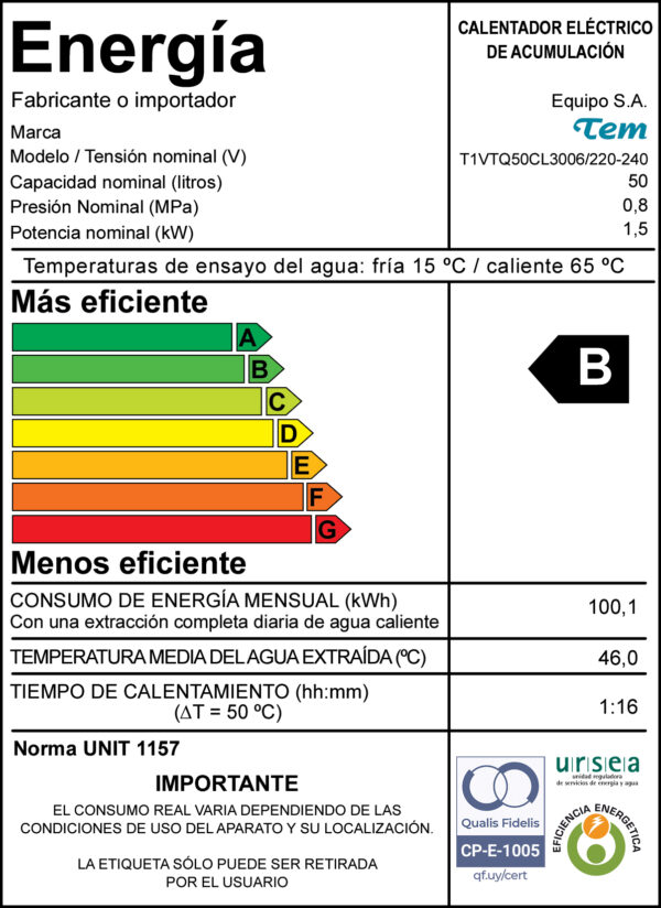 Calentador TEM 50 litros acero