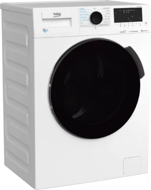 Lavasecarropas de carga frontal Beko HTV 8716 de color blanco. Vista en ángulo que muestra su puerta redonda de vidrio oscuro, el panel de control digital con perilla giratoria central, el cajón para detergente con el logo de Beko y el detalle ondulado en el panel lateral. Lava 8 kgs, seca 5 kgs.