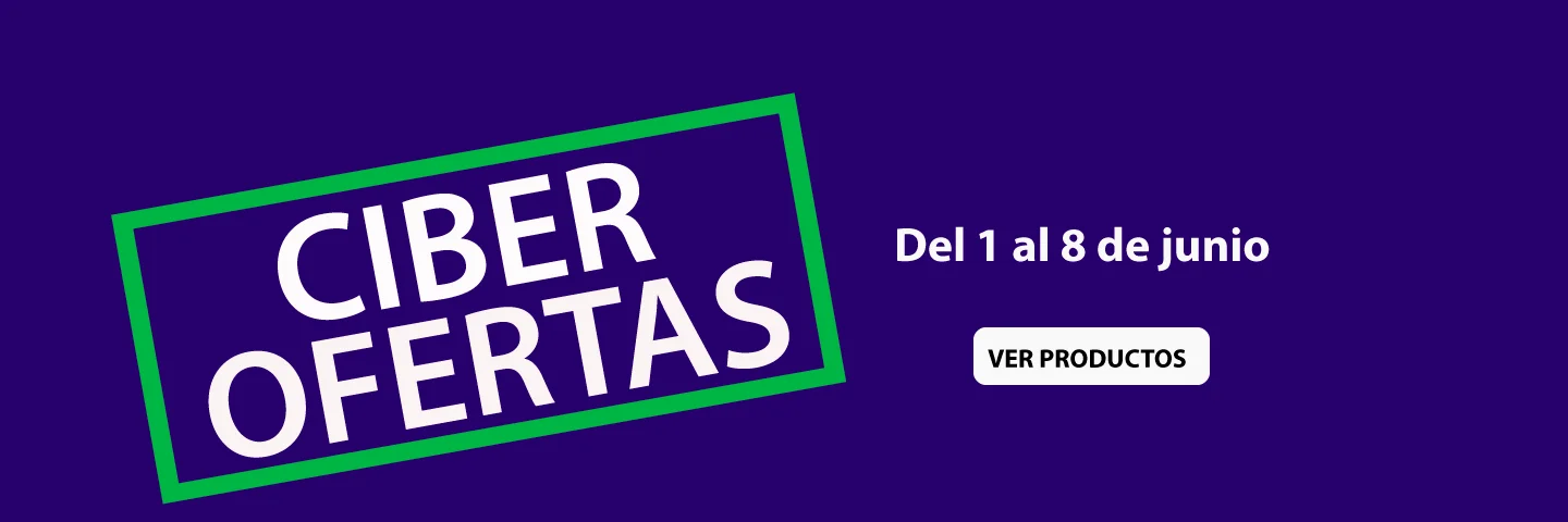 Banner en fondo azul con cartel ciber ofertas del 1 al 8 de junio y botón ver productos.