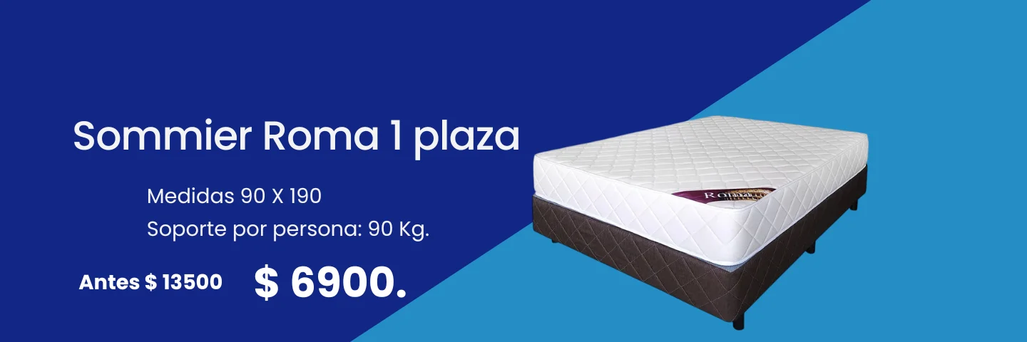 Banner en fondo azul y celeste de Sommier y colchón Roma de una plaza con oferta a $6900