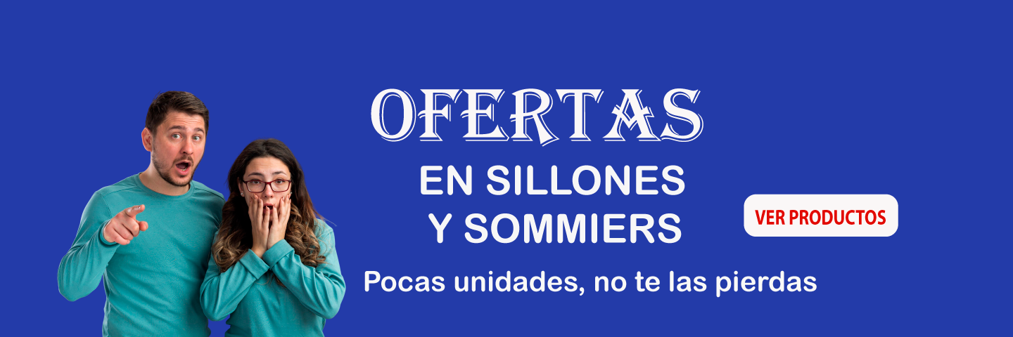 Banner promocional de ofertas en sillones y sommiers sobre fondo azul, con una pareja sorprendida y un botón de llamada a la acción que dice 