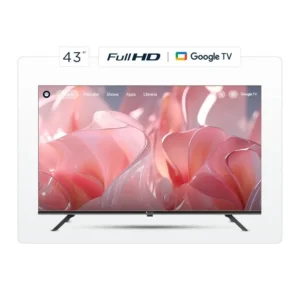 Televisor Smart TV Motorola de 43 pulgadas con pantalla LED de bordes delgados, mostrando una imagen vibrante a color. El televisor está apoyado sobre sus patas de soporte de mesa y se aprecia el logotipo de Motorola en el centro del marco inferior.