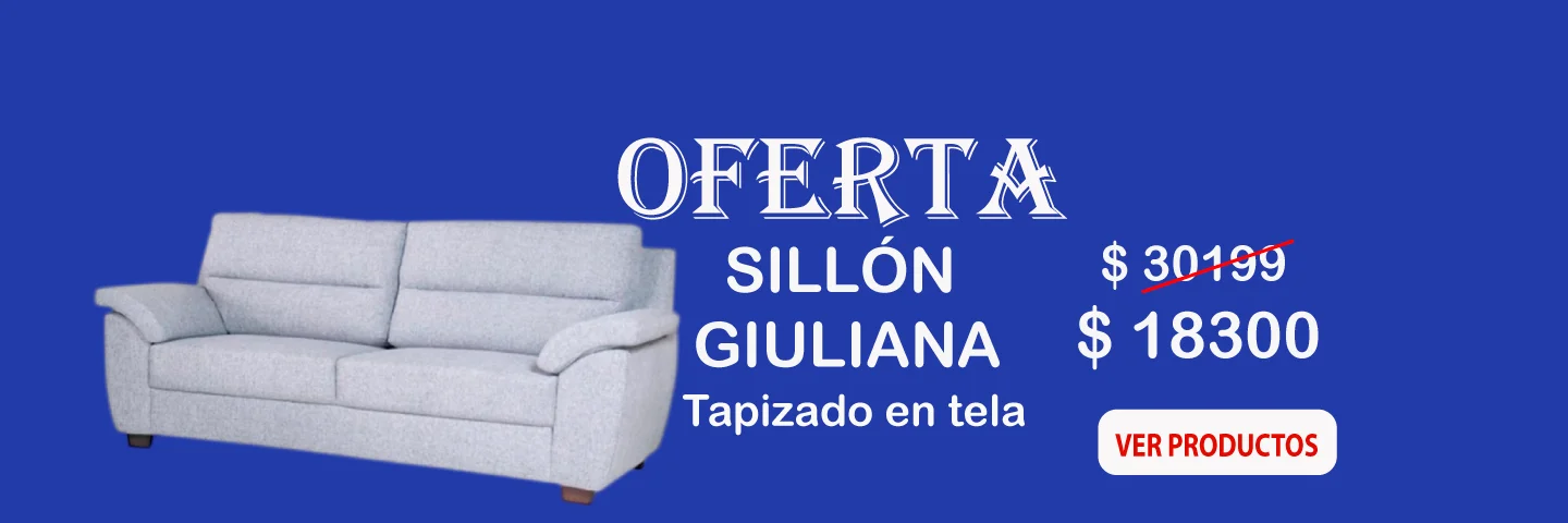 Banner en fondo azul, de oferta de sillón Giuliana de 3 cuerpos, tapizado en tela, precio $ 18300.