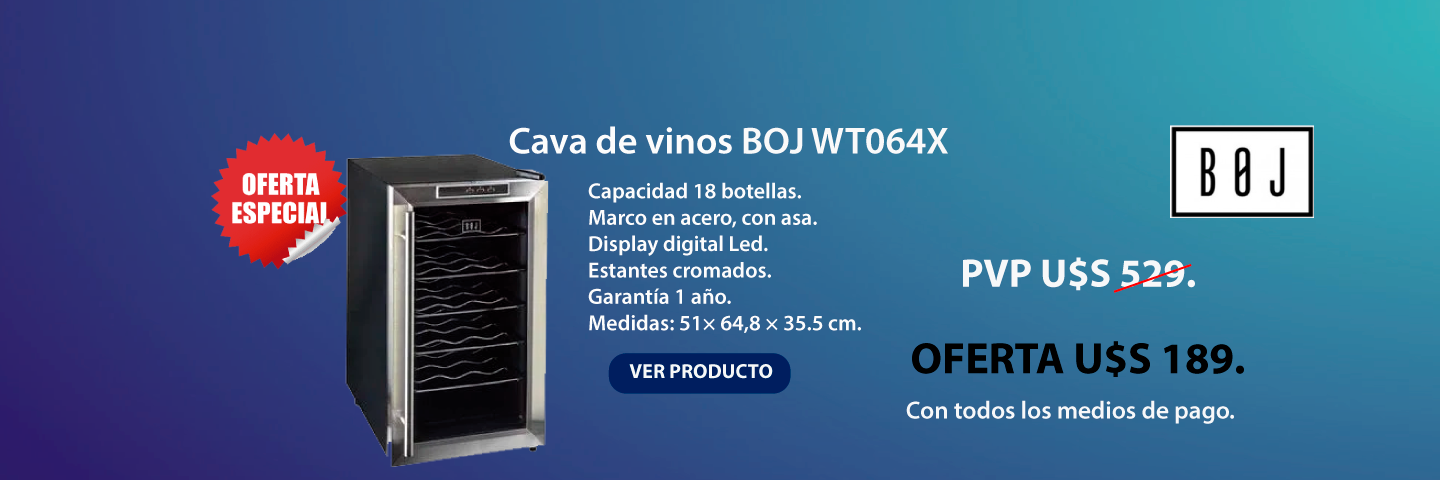 Banner en fondo azul con oferta de cava de vinos BOJ a U$S 189.