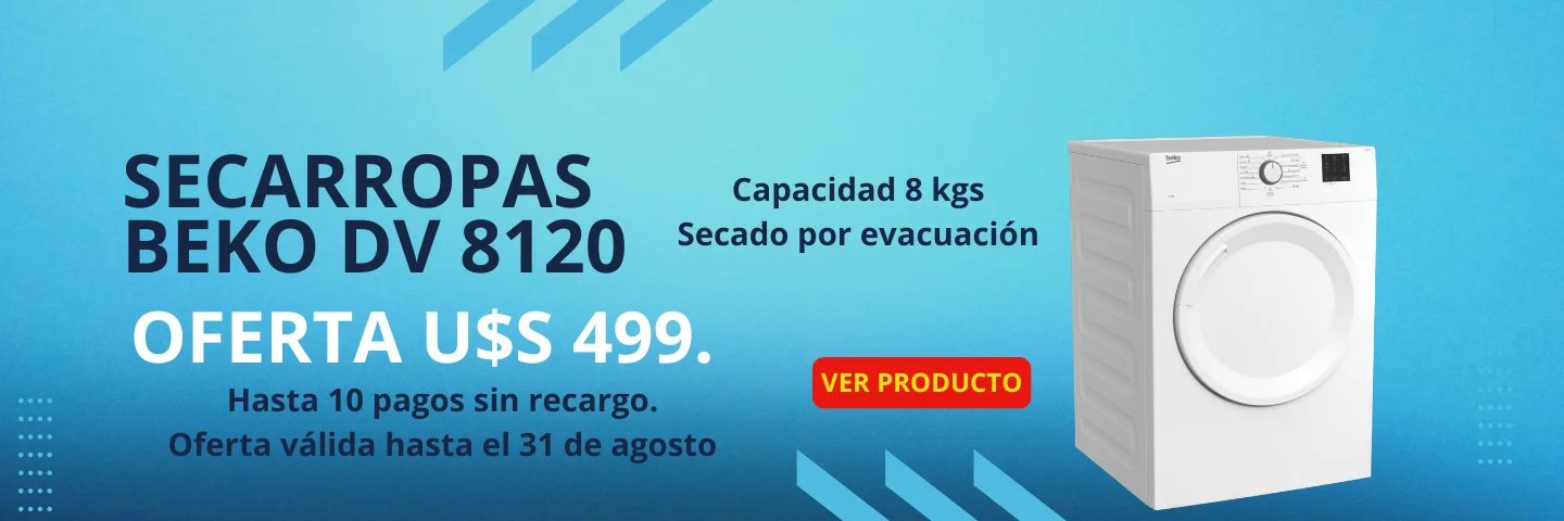 Banner en fondo celeste con oferta de secarropas Beko modelo DV 8120 secado por evacuación y capacidad 8 kilos. Precio U$S 499 y hasta 10 pagos sin recargo.