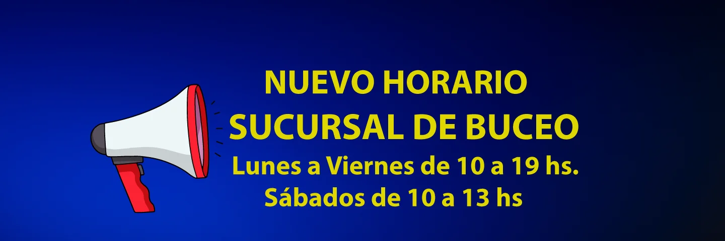 Banner en azul degradado anunciando el nuevo horario de la sucursal buceo, lunes a viernes de 10 a 19 hs y sábados de 10 a 13 hs.
