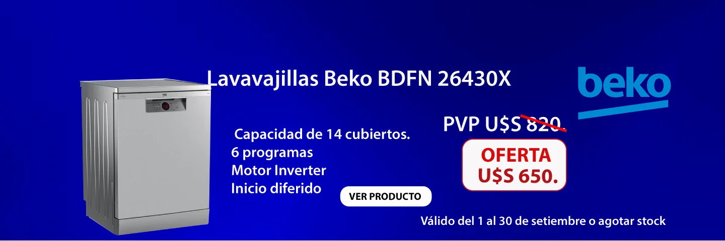 Banner en color azul con oferta de lavavajillas beko bdfn-26430 en oferta a U$S 650