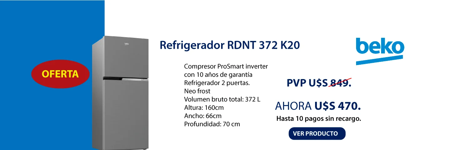 Banner en blanco con rectángulo celeste a la izquierda con foto de heladera Beko rdnt-372 en oferta por setiembre a U$ 470.