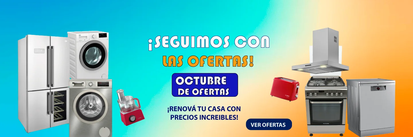 Banner en azul con electrodomésticos de oferta por octubre