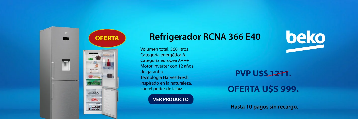 Banner en fondo azul degradado con oferta de refrigerador Beko modelo 366 con freezer inferior. Precio oferta U$S 999 y hasta 10 cuotas sin recargo